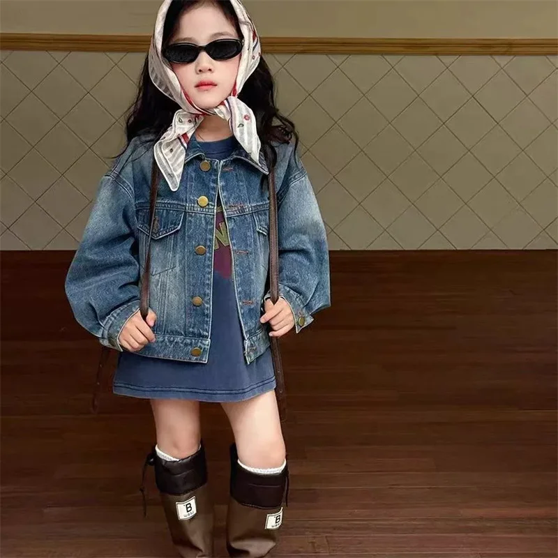 

Spring New Denim Jacket Girls Retro Fashion Coat Children Casual Loose Outerwear Autumn Kids Long-Sleeved Solid Clothes 2-10Y