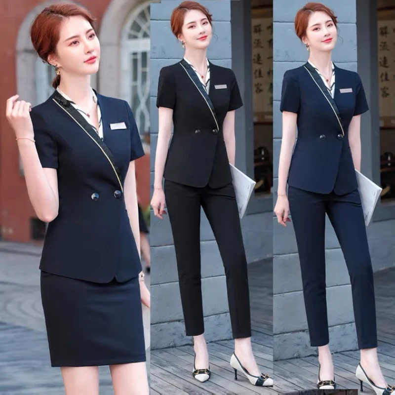 

Professional Women's Short Sleeve Blazer Hotel Workwear Summer Beautician Front Desk Receptionist Waitress Jewelry Store Uniform