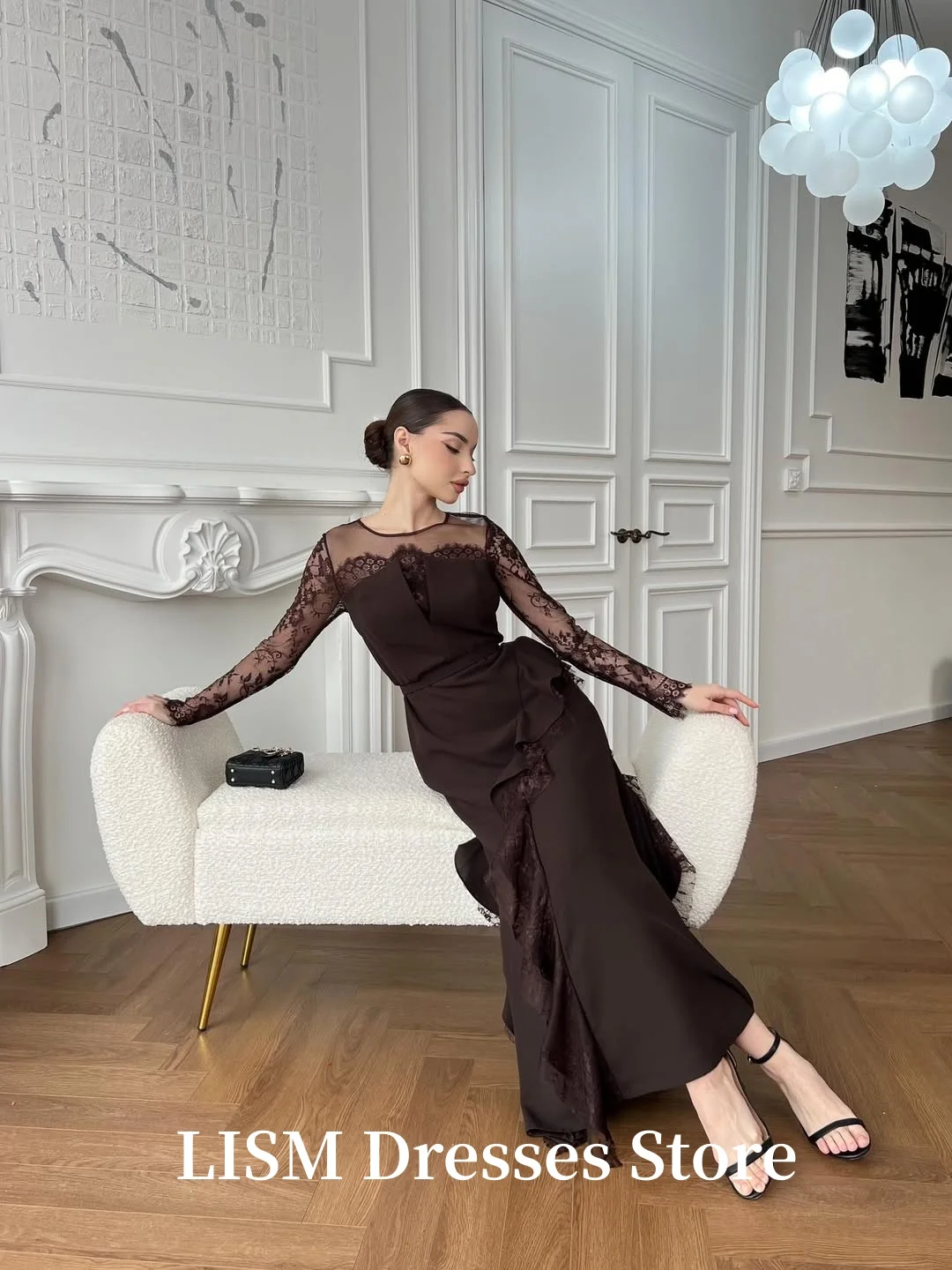 LISM OネックブラウンイブニングドレスAラインシルクシフォンレースカスタマイズフルスリーブエレガントプロムドレス