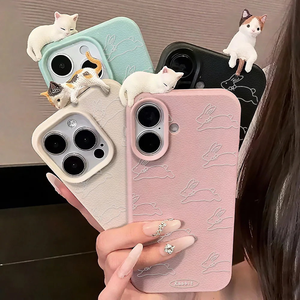 3D-Kaninchen-Leder-Handyhülle für iPhone 17 Pro Max 11 16 15 12 13 14 Plus Air Soft Shockproof Lying Cat Cover Funda