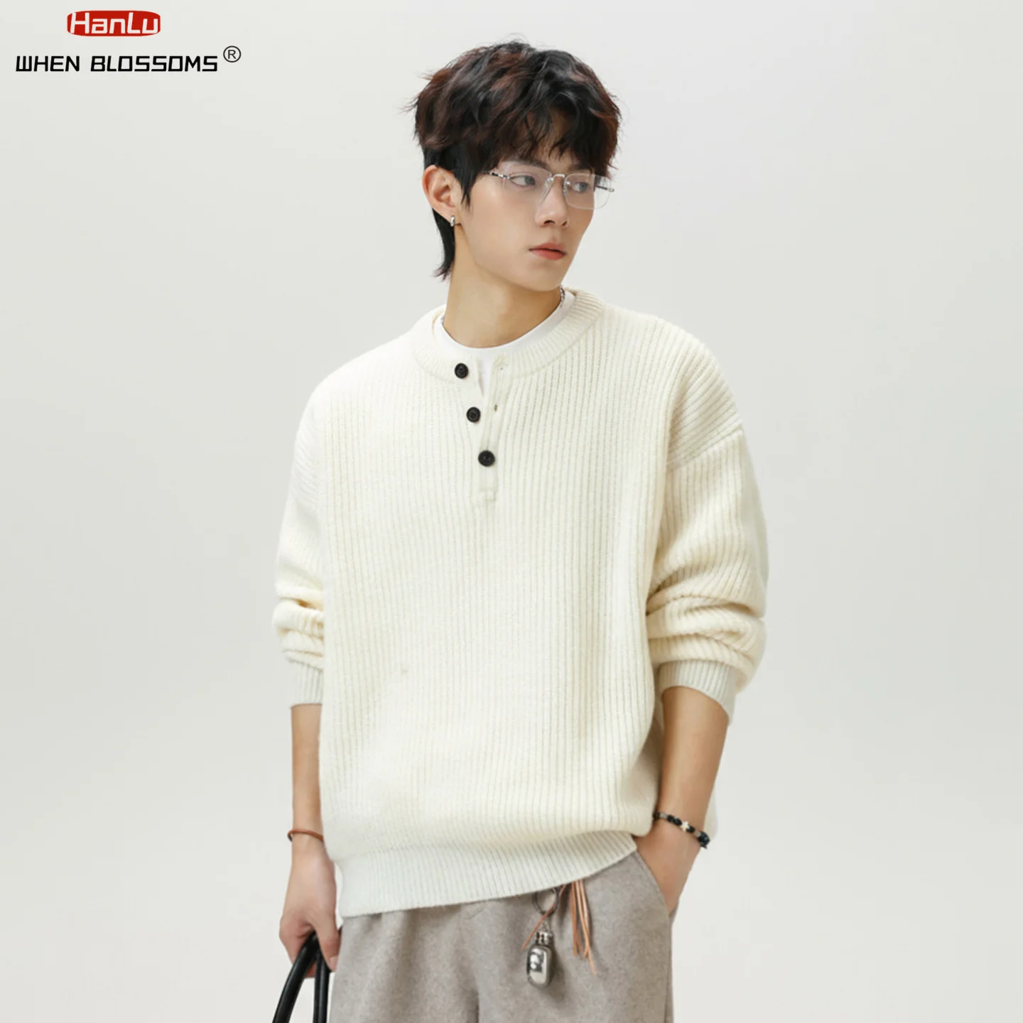 HANLU 2025 Men's Vintage Henley Neck Knit Sweater Heavyweight Textured Pullover Winter Thermal Crewneck Top