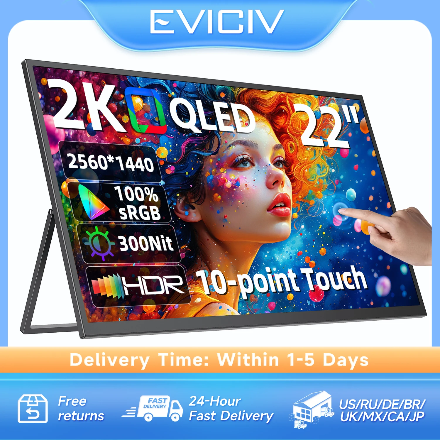

Eviciv 22" Touch Screen Portable Monitor 2K 100%DCI-P3 QLED External Display for Laptop Computer PC Mobile Phone Extension
