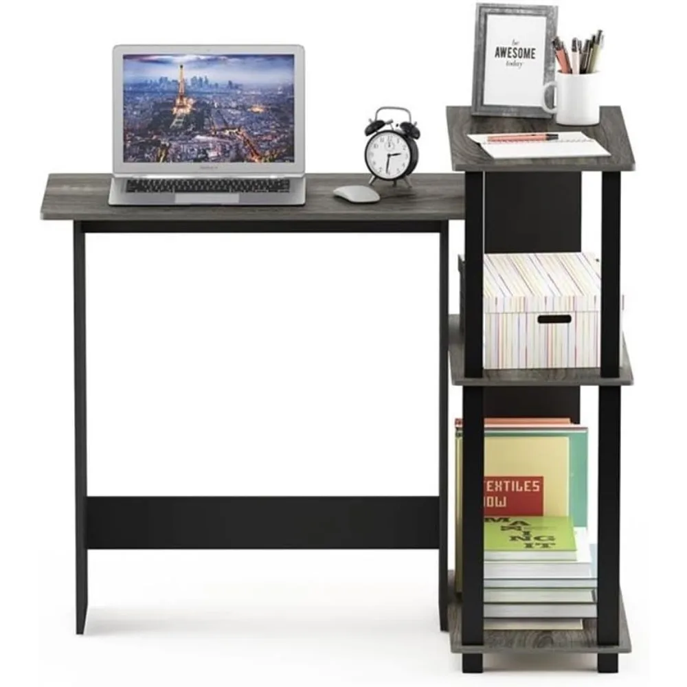 Compact Corner Computer Desk with Bookshelf, French Oak Grey/Black - Space-Saving Design
