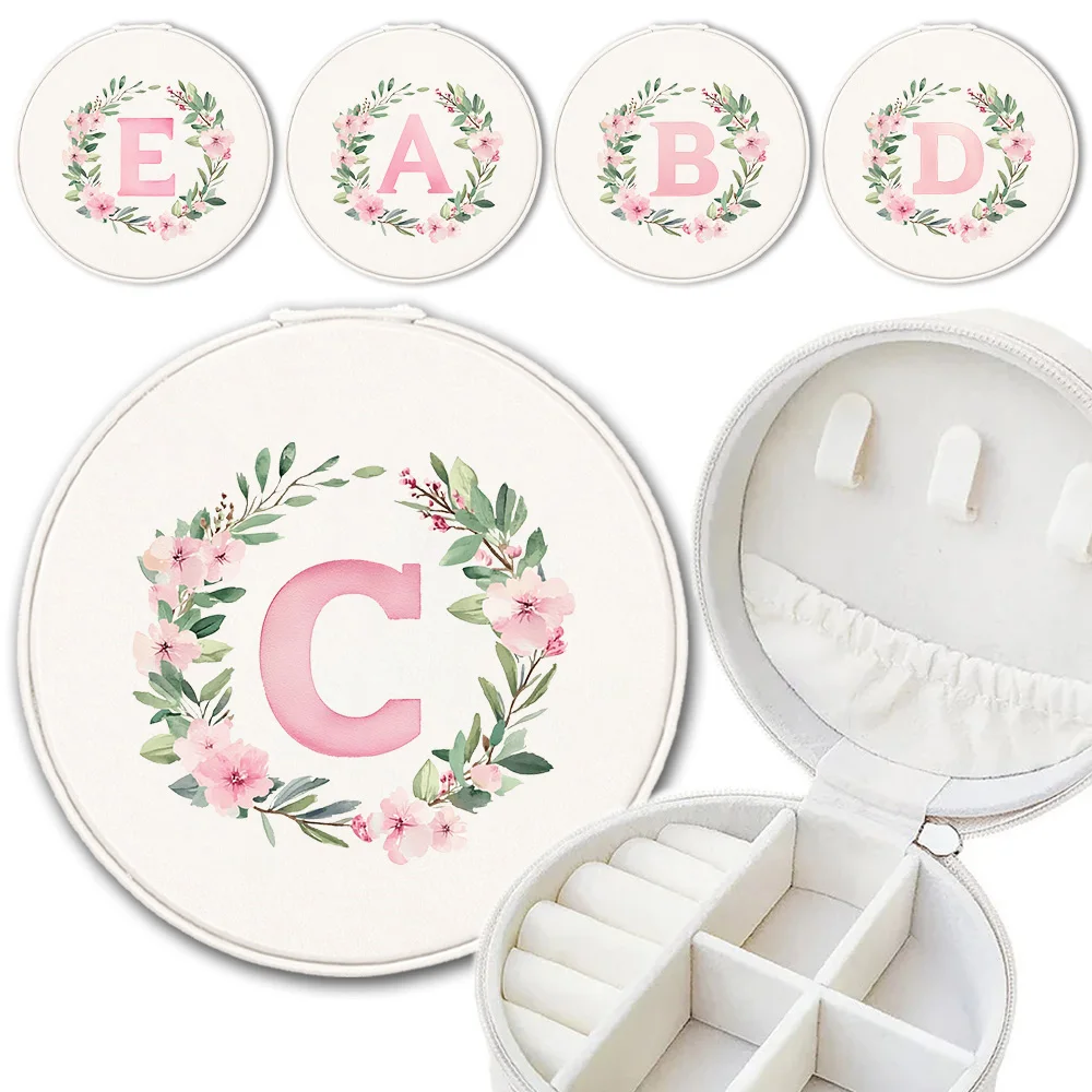 Portable Round Jewelry Case Large Capacity Jewellery Box Waterproof Storage Organizer Box Dustproof Light Wreath Letter Pattern