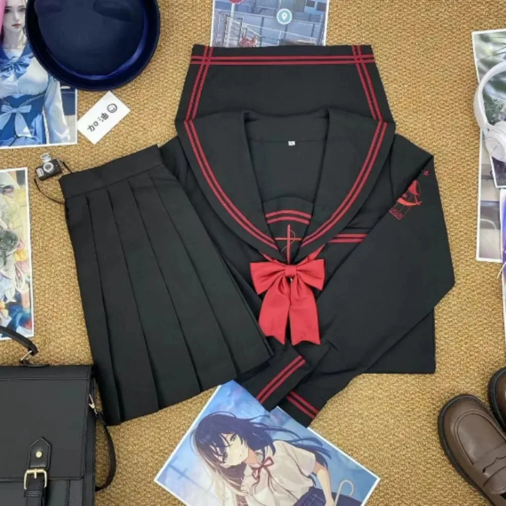 ダークブラックレッドjkセーラースーツ、日本の大学制服、キャンパスでの日常着、卒業写真やコスプレ用の学校服