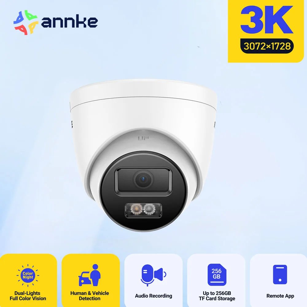 ANNKE 3K Dual Light Outdoor PoE Security Camera Color IR Night Vision Human Vehicle Detection Built-in Microphone IP Cameras