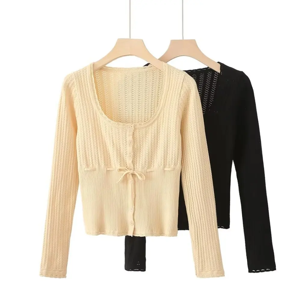 

Women's Square Collar Hollow Knitted Sweater Long Sleeve European American Style Summer New W22489
