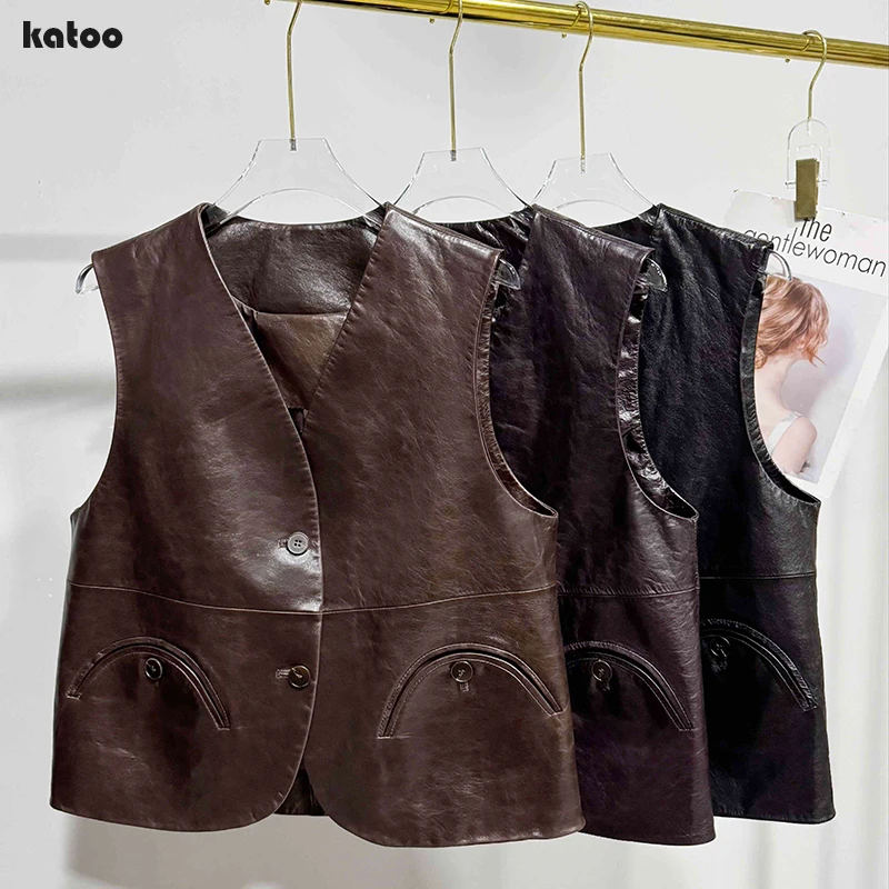 Vintage Oil Wax Leather Vest Autumn Women V-Neck Button Waistcoat Sleeves Jacket Casual Pocket Short Sheepskin Gilet Streetwear