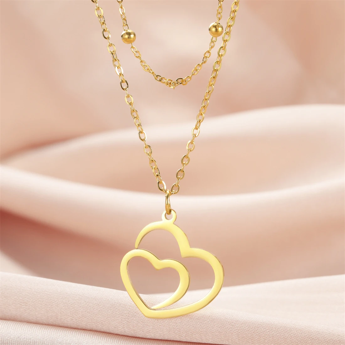 Eueavan Hohl Doppel Herz Halskette Für Frauen Edelstahl Romantische Liebe Symbol Anhänger Kette Engagement Schmuck Geschenk – Detail 15
