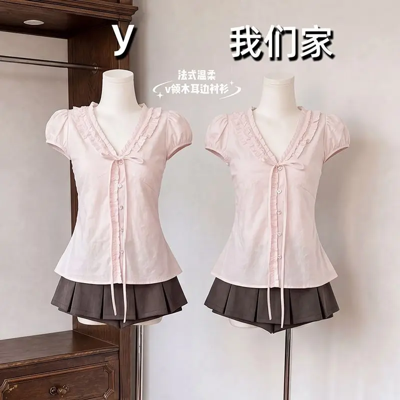 Kimotimo Y2k Aesthetic Pink Ruffle Blouse Women Sweet V-neck Puff Sleeve Tie Up Shirt Summer Preppy Style Slim Fit Button Tops