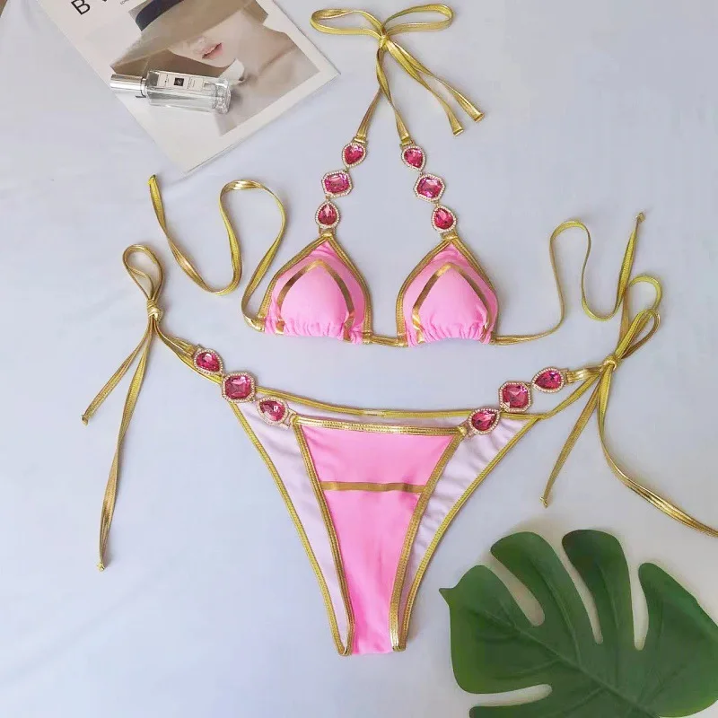 Bikini brasileño con diamantes de imitación para mujer, traje de baño femenino, conjunto de Bikini de dos piezas, 2024