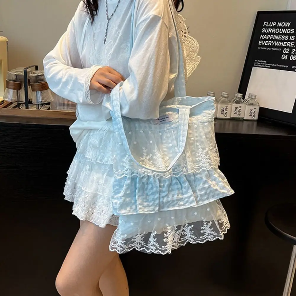 

Casual Sweet Fresh Lace Handbag Bowknot Cute Ruched Ruffle Shoulder Bag Underarm Bag Pastoral Style Cloth Dumpling Bag Students