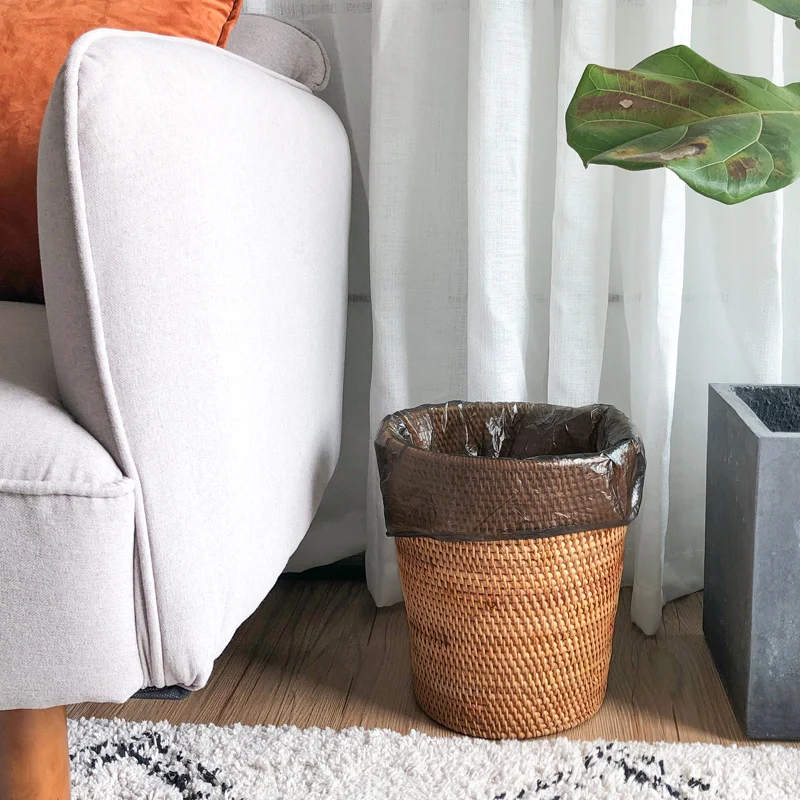 

Ручная работа из ротанга, мусорное ведро, минималистичная круглая корзина для мусора, домашний декор, цилиндр для хранения, органайзер из натурального волокна, контейнер