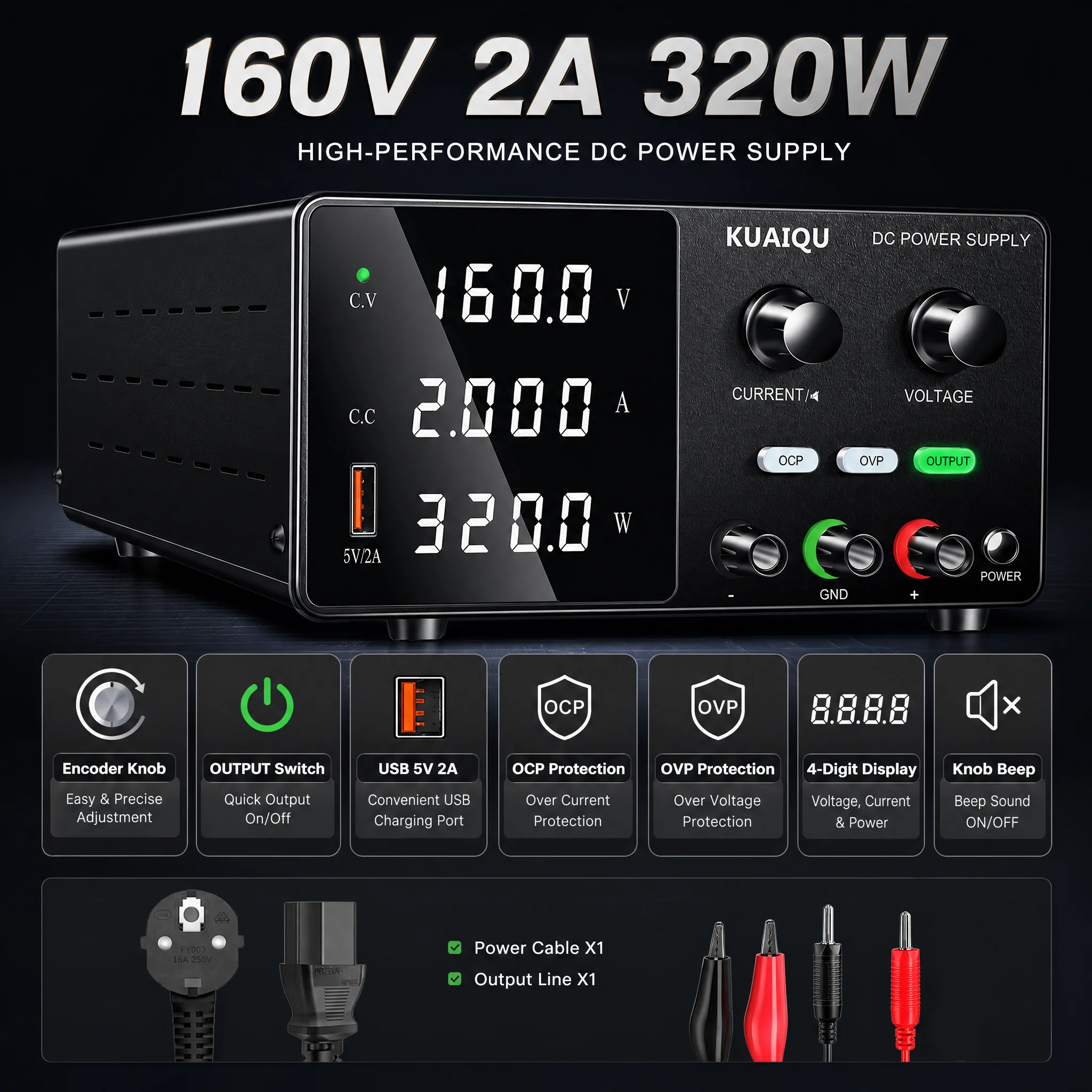 KUAIQU 30V 10A instelbare laboratoriumvoeding, DC 160V 2A 320W, met encoder, OCP- en OVP-beveiliging, USB-uitgang, voor elektronische reparaties.