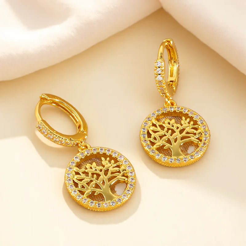 Boho Life of Tree Pendant Earrings For Women Yellow Gold Color White Zircon Round Hoop Earring Female Ear Buckle Mother Gifts