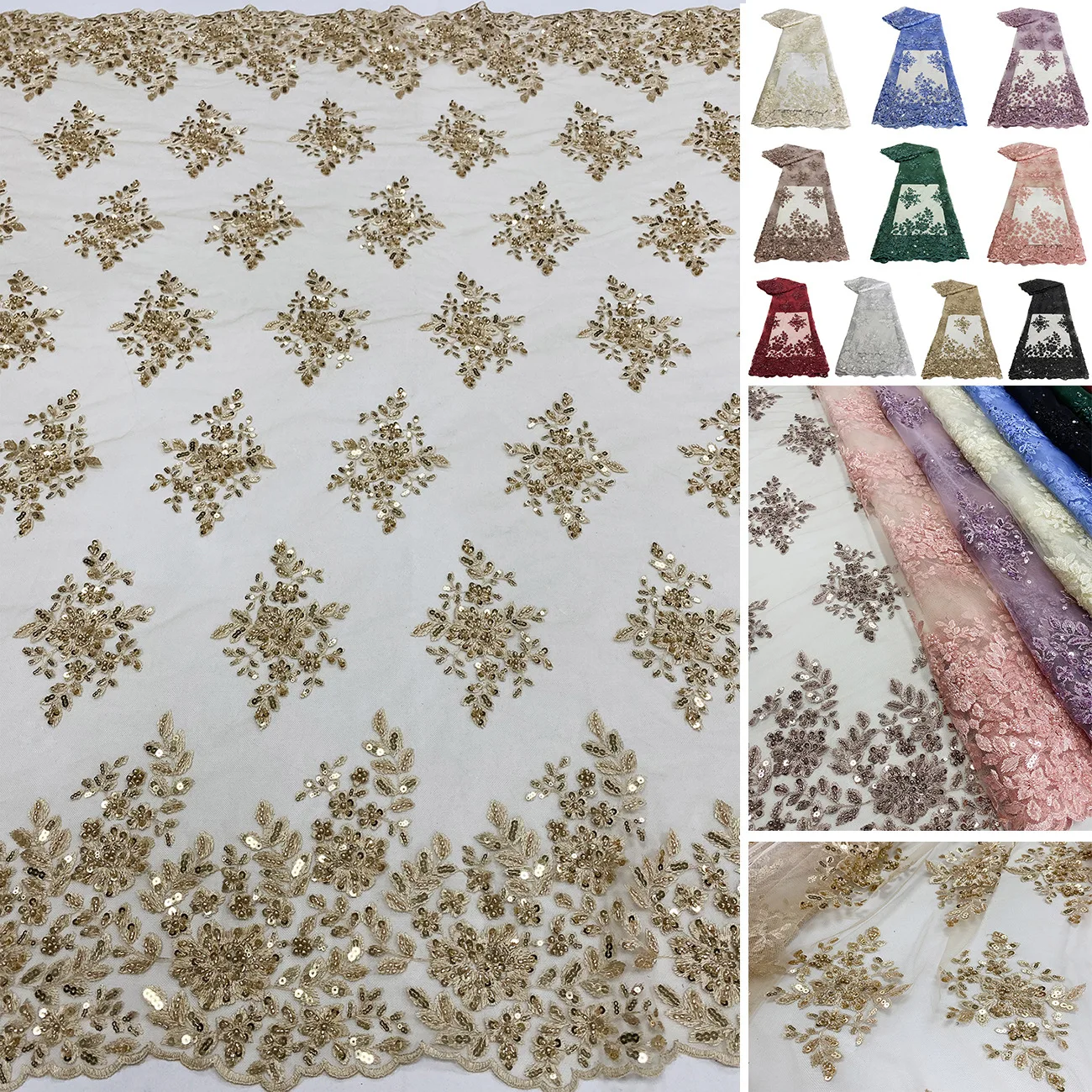 Gold Beads Sequins Multi-Color Symmetrical Embroidery Skirt Dress Tulle Mesh Lace Fabric