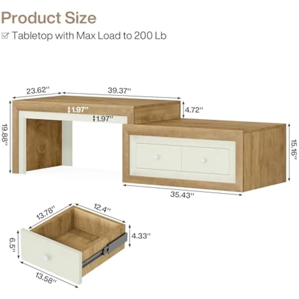 Extendable Coffee Table with 2 Drawers, 40"-71" Length Coffee Table with Storage, Farmhouse Center Table Cocktail Tab