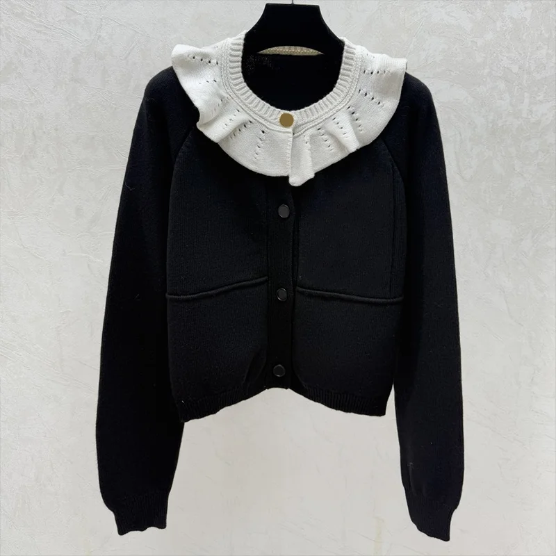 

High quality Women's cardigan sweater with elegant pleats and ruffled round neckline knitwear Women's clothing 25120644