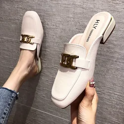 Simply Metal Buckle Slippers Women Cover Toe Mules Flats Low Heels Shoes Ladies Casual Slip On Slides House Pantuflas Femme