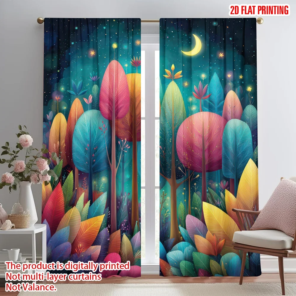 

2D flat printing 2pcs Party Curtains Colorful Night Forest Digital Printed Polyester Drapes All Season Party & Holiday Decor