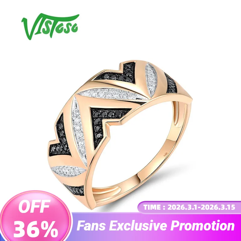 

VISTOSO Pure 14K 585 Yellow Gold Band Ring For Women Sparkling White & Black Diamonds Fantastic Wedding Party Fine Jewelry