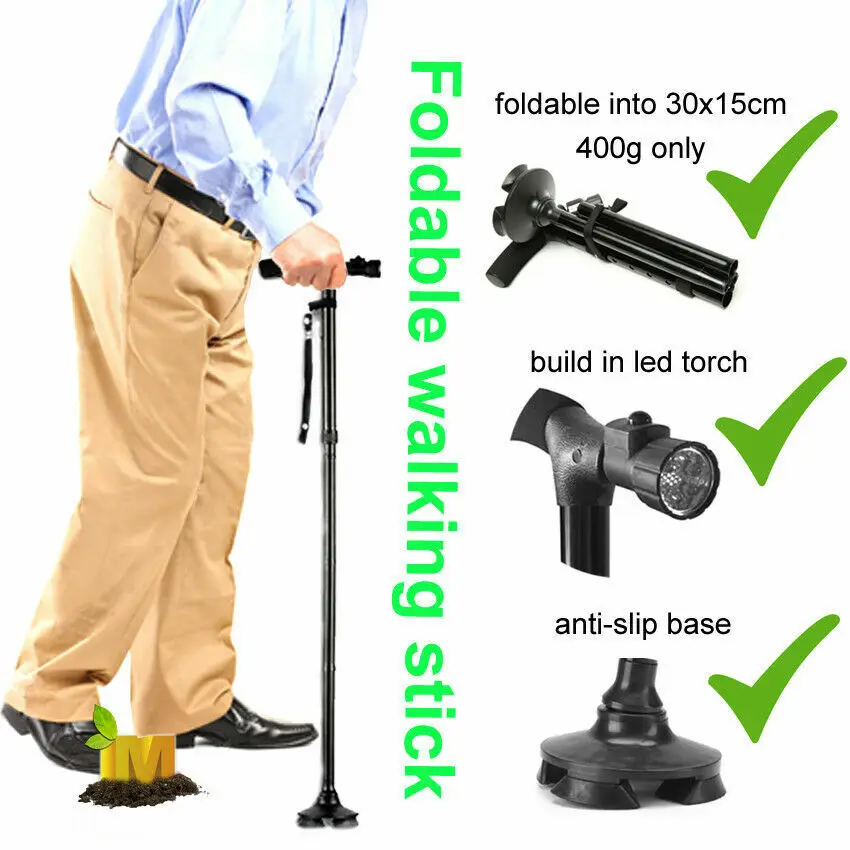 

Adjustable Folding Cane with LED Light Walking Stick for Men And Women Cushion Handle Pivoting Quad Base for Elderly Hiking Mountain