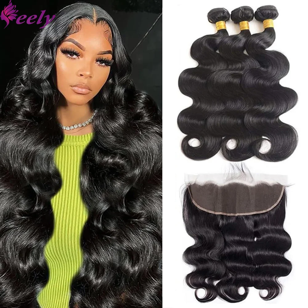 Body Wave Bundles With Frontal 13x4 Lace Brazilian Natural Human Hair Bundles With Frontal Remy Human Hair Extensions For Woman