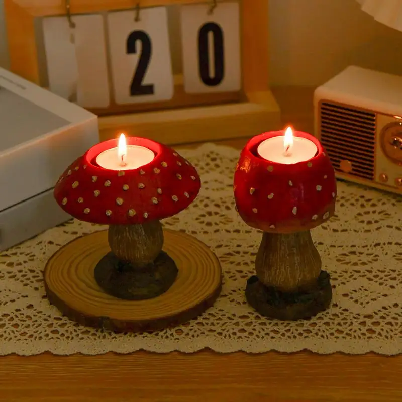 Mushroom Candle Holder 1 Pair Desk Tealight Holder 3D Mushroom Cute Stand Farmhouse Cottagecore Decor Heat Resistant Table