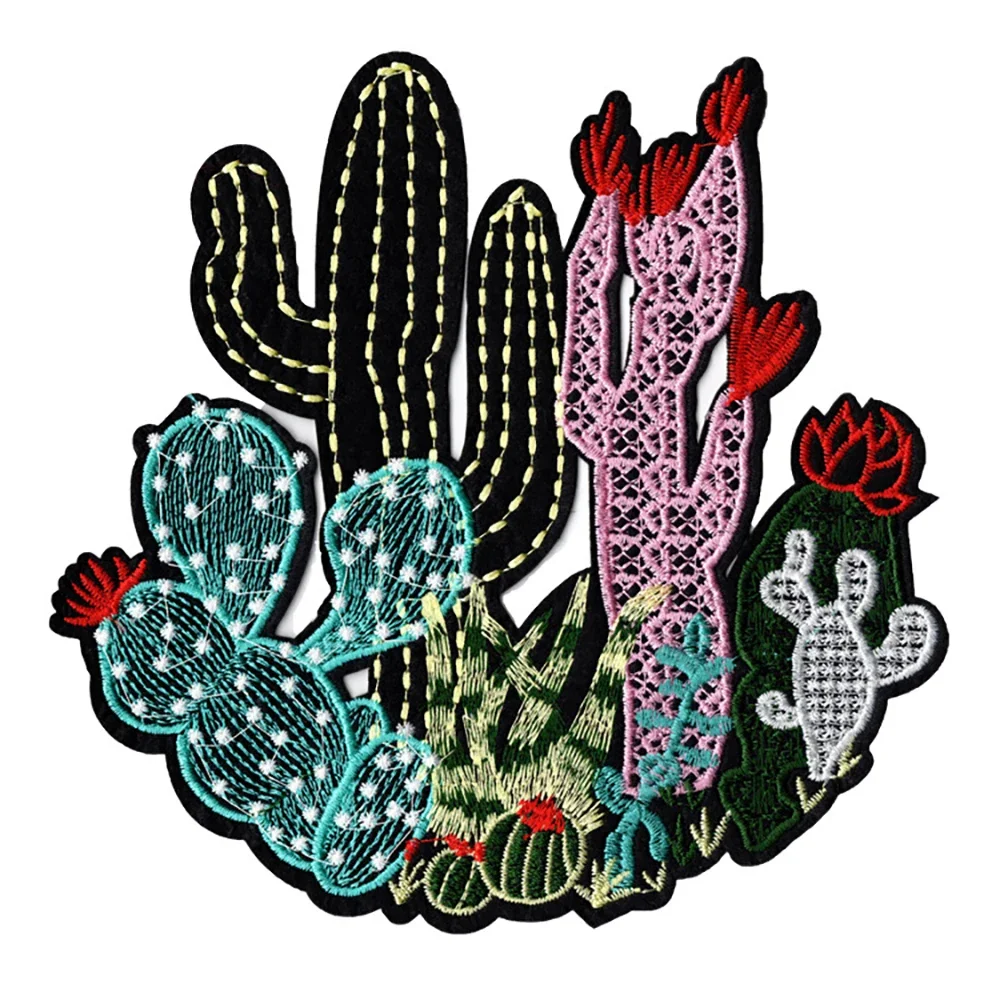 New Large Cartoon Patch Cactus Flower Embroidery Cloth Sticker DIY Clothes Patch Hole Badge Iron on Transfers for Clothing