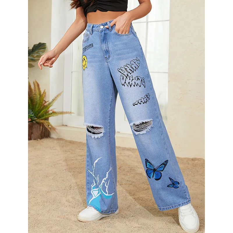 2024 frau Hohe Taille Harajuku Baggy Hosen Weibliche Gothic Breite Bein Jeans Mädchen Mode Punk Hellblau Streetwear Denim Hosen