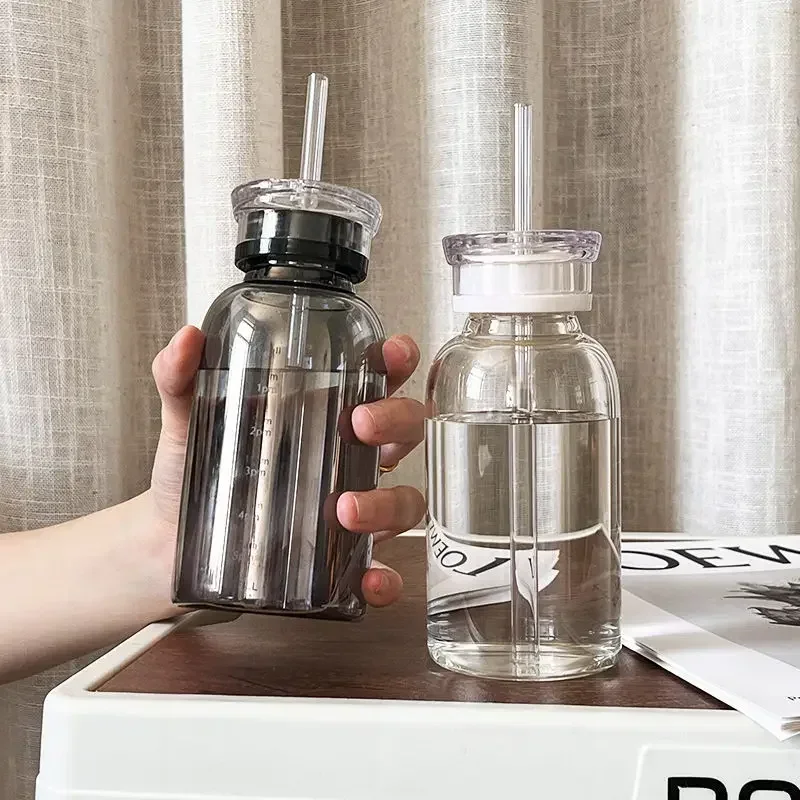 Cristalería, botella de vidrio para café, vaso portátil de 450/750ml, taza a escala de Vasos con marcador de tiempo de paja, taza para beber creativa