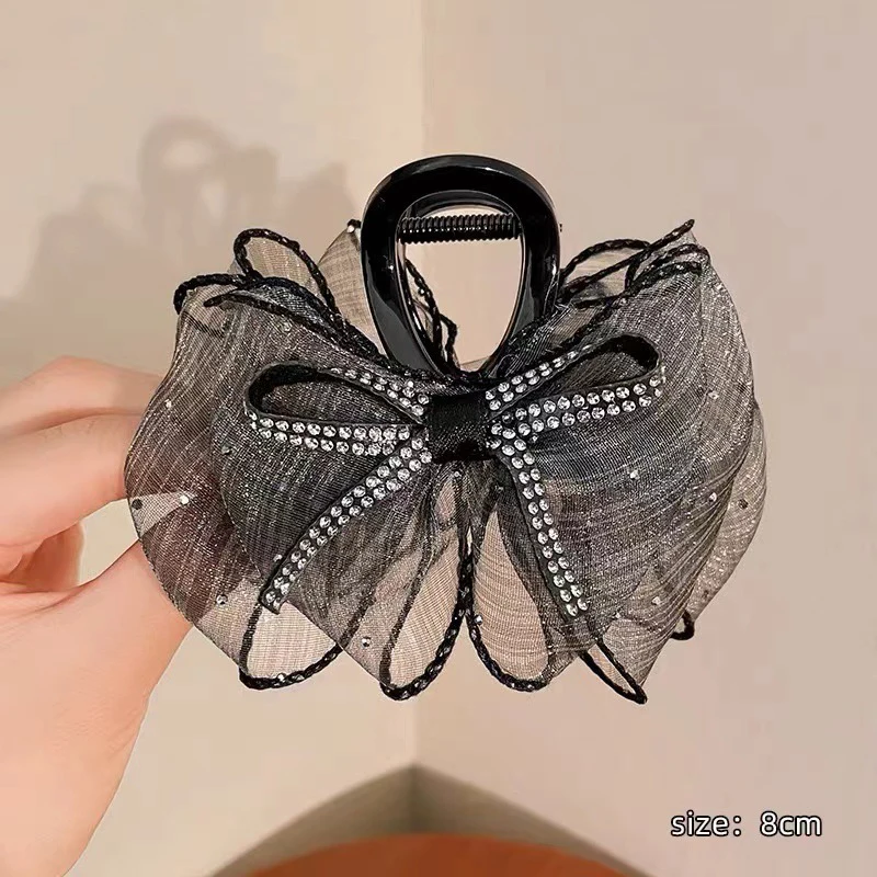 Elegant Mesh Bow Hair Clips Women Ponytail Claw Clip Sparkling Rhinestone Clips Hairpin Girls Headdress Hair Accessories