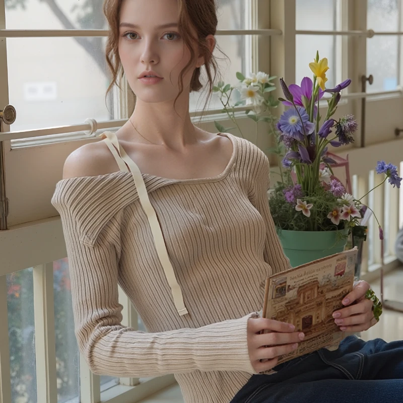 

Новый осенний модный сексуальный женский свитер с открытыми плечами, повседневный однотонный нижний трикотаж, 2025 галстук-бабочка на шнуровке, элегантный вязаный топ