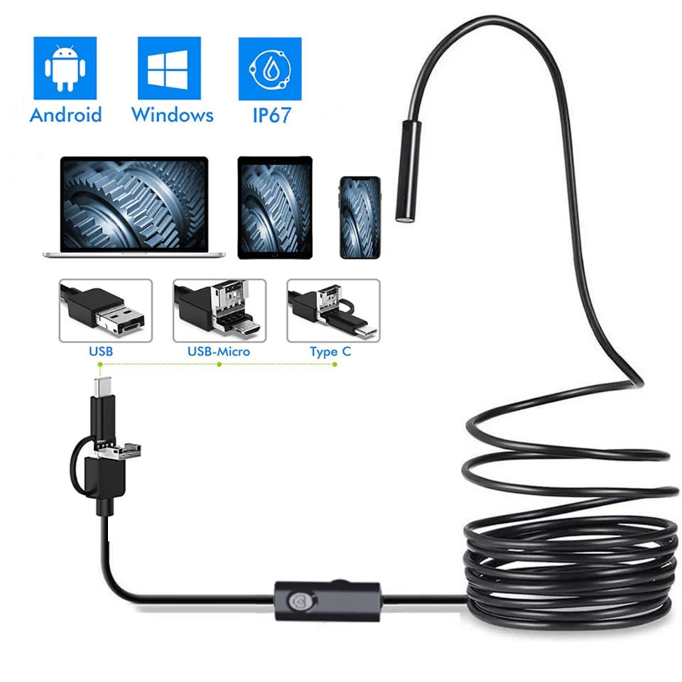 7MM 3in1 USB Endoscope Camera for Android &Computer Water-proof IP66 CMOS Borescope Inspection  Digital Microscope Otoscope