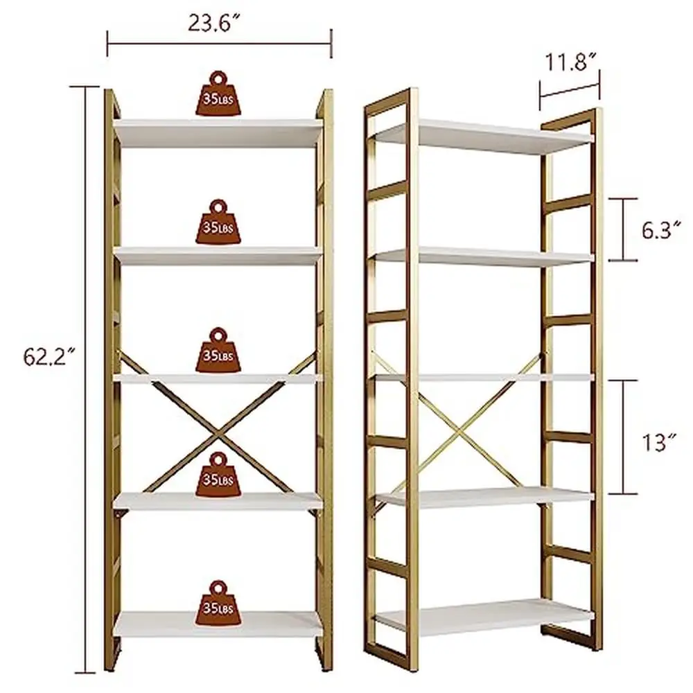 5 Tier Metal Frame Bookcase Shelf Modern Industrial Style Display Storage Organizer