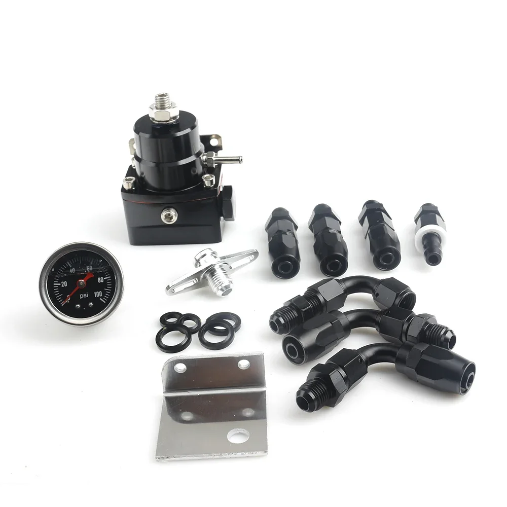 YOMI Universal Adjustable Fuel Pressure Regulator Oil 100psi Gauge AN 6 Fitting End-Black