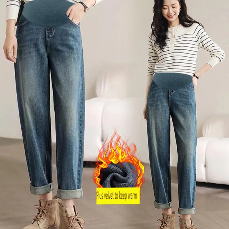 

Новые джинсы для беременных с флисовой подкладкой на осень и зиму, утолщенная и регулируемая поддержка живота, повседневные джинсы свободного покроя