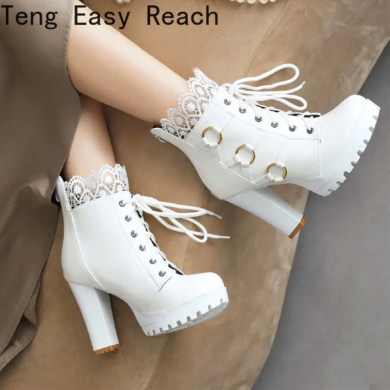 

Autumn and Winter New Styles Fashion High-heeled Waterproof Short Boots Crossed Tied Women's Lace Boots High 10cm Size 34-43