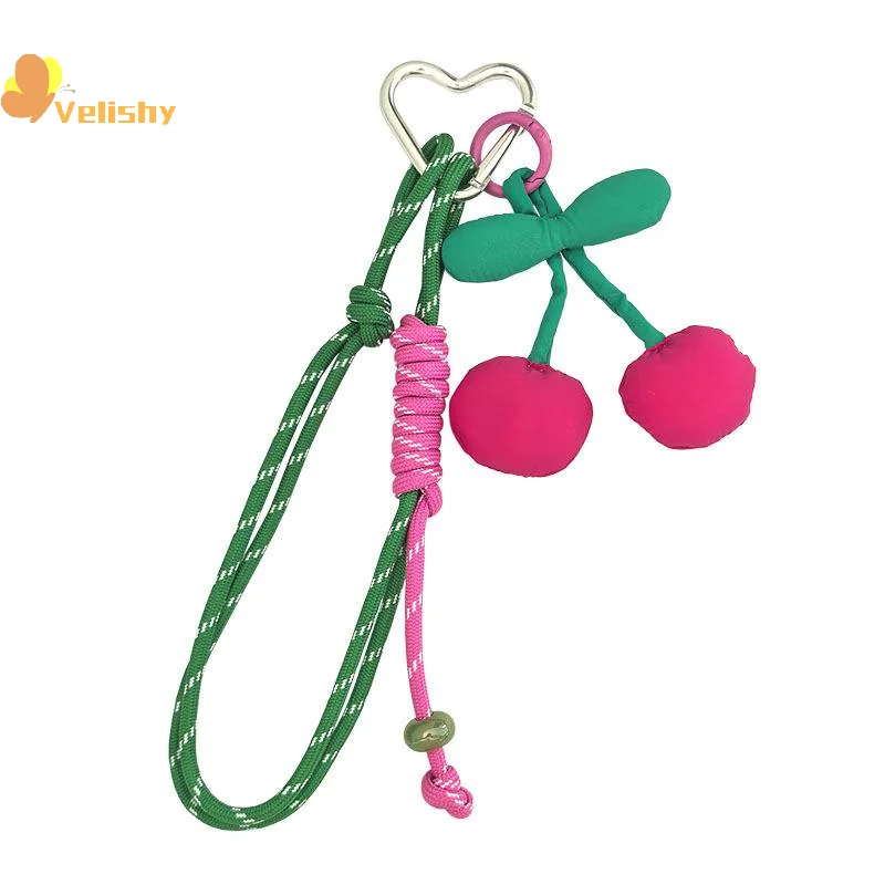 نسيج الكرز انفصال على شكل قلب مطرز المفاتيح سلسلة الهاتف المحمول مكافحة فقدان الحبل