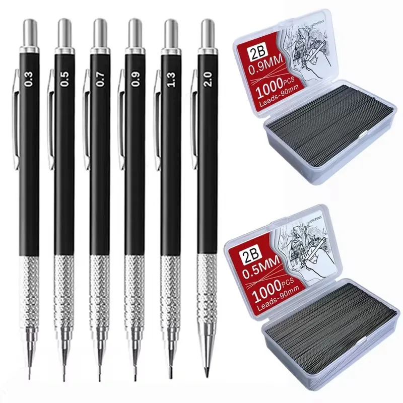 Metal Mechanical Pencil Large capacity Lead And Refills Set 0.3, 0.5, 0.7, 0.9 2.0 Mechanical Pencils for Drawing Sketching