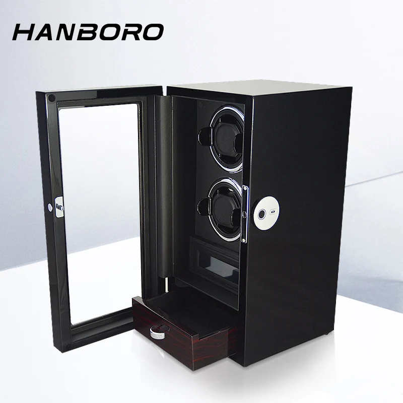 

Роскошное устройство для намотки часов HANBORO с двумя слотами и скрытым ящиком — идеальный подарок с замком по отпечатку пальца, ЖК-экраном и бесшумным двигателем