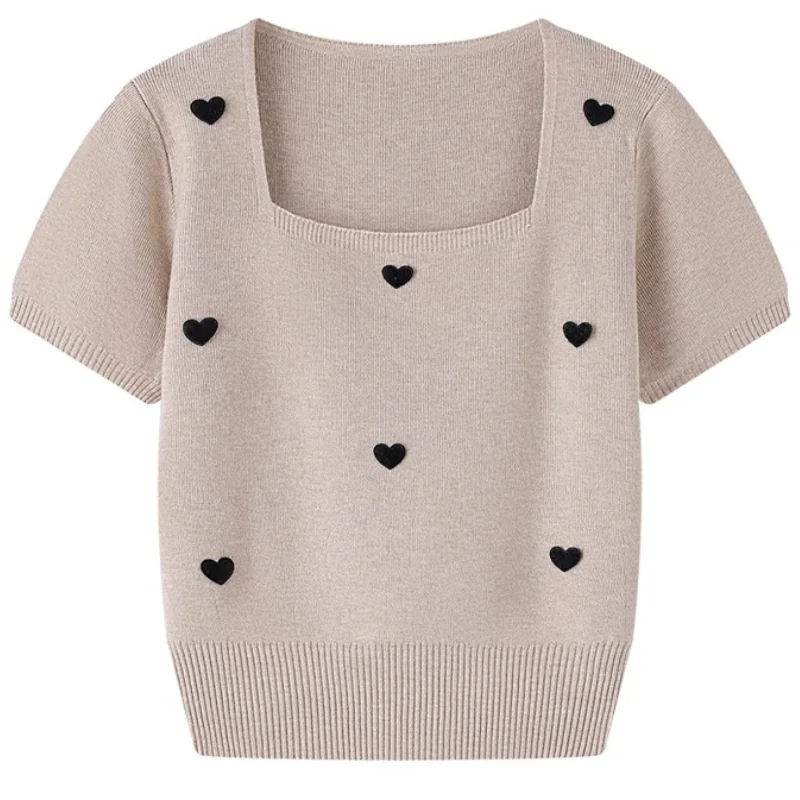 Summer Love Square Collar Sweater Women's Hoodie Fashion Short Sleeve Comfortable Breathable Knitted Short Top for Girls