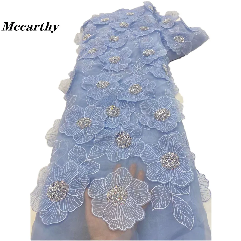 3D Flower Embroidery Lace Bule Flower Beaded Fabric Lace Wedding Dress Gold French Lace Sequin Tulle Lace For Sewing XZ450KU