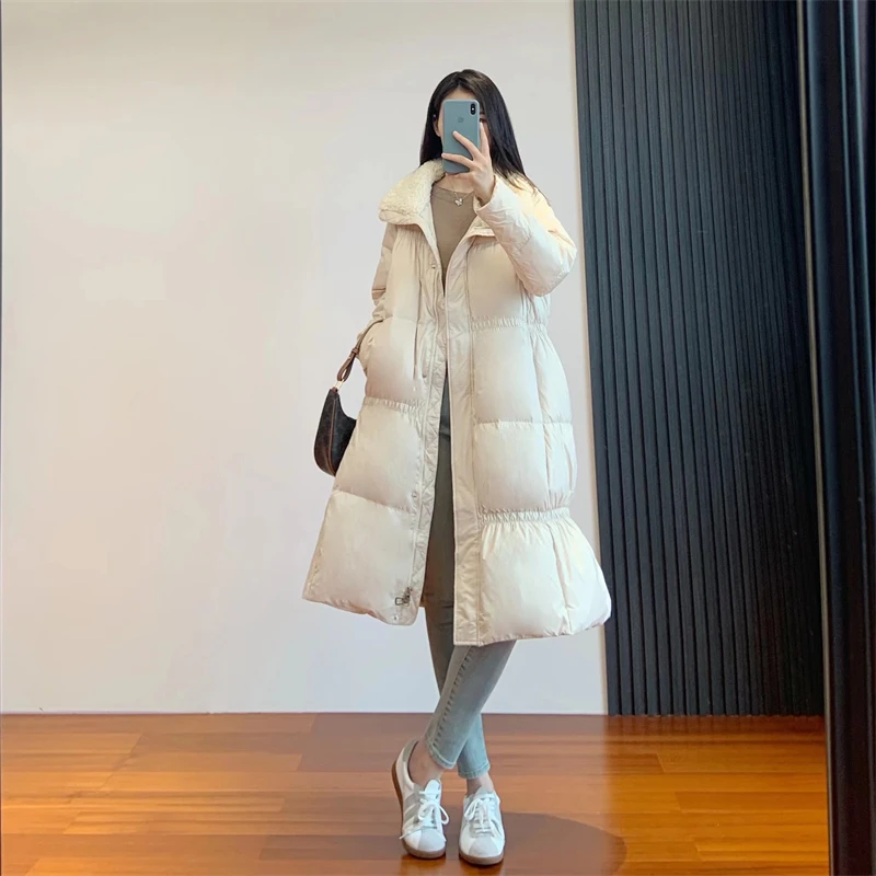 Wool Stand Collar Parkas Contrast Color Lengthened Loose Waist Slim Hooded Down Jacket 2022 New For Women