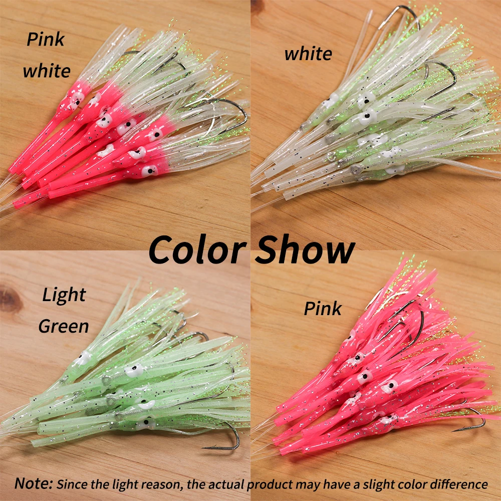Elllv 10pcs 3/0 Hook Pre Tied Anti-bite Luminous Squid Skirts with Monofilament Line Saltwater Mackerel Herring Fishing Lure