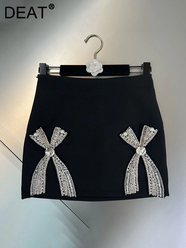 DEAT Fashion Cross Rhinestone Patchwork Skirt Women\'s Solid Color High Waist Wrap Hip Skirts Female 2024 Spring New 11XX2427