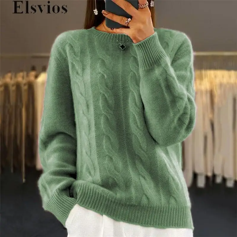 Winter Elegant Crew-neck Sweaters New Fashion Furry Twist Knitted Sweater 2024 Elegant Long Sleeve Solid Office Women's Jumpers