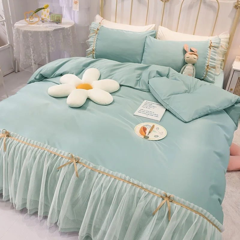 Princess Lace Ruffles Bedspread Bedding Set Ice Silk Bed Sheet Quilt Cover Pillowcases Washed Silk Luxury Solid Color Bedclothes