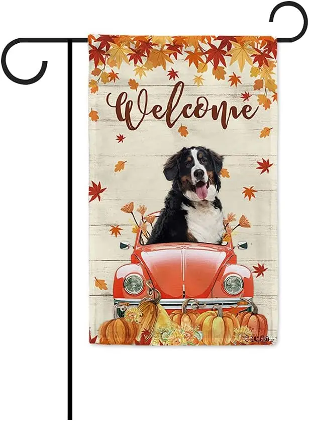 Welcome Fall Dog Garden Flag Bernese Mountain Dog Drives the Vintage Car Harvest Pumpkin Patch Sunflowers Maple leaf Decor Home