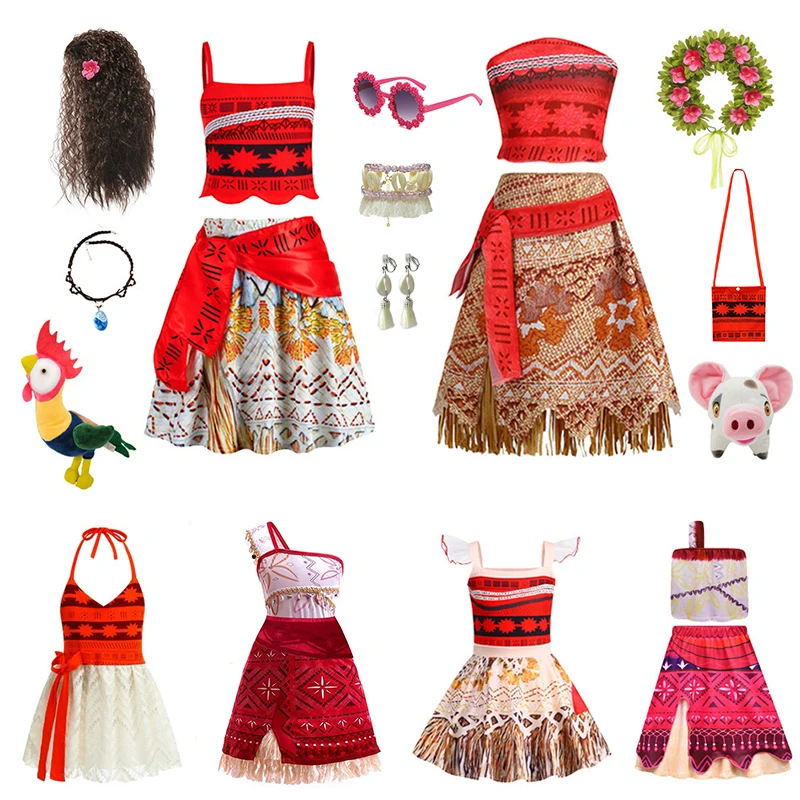 

Girls Moana Costume Collection With Two Piece Outfits Accessories Set For Halloween Birthday Party Cosplay Beach Vacation
